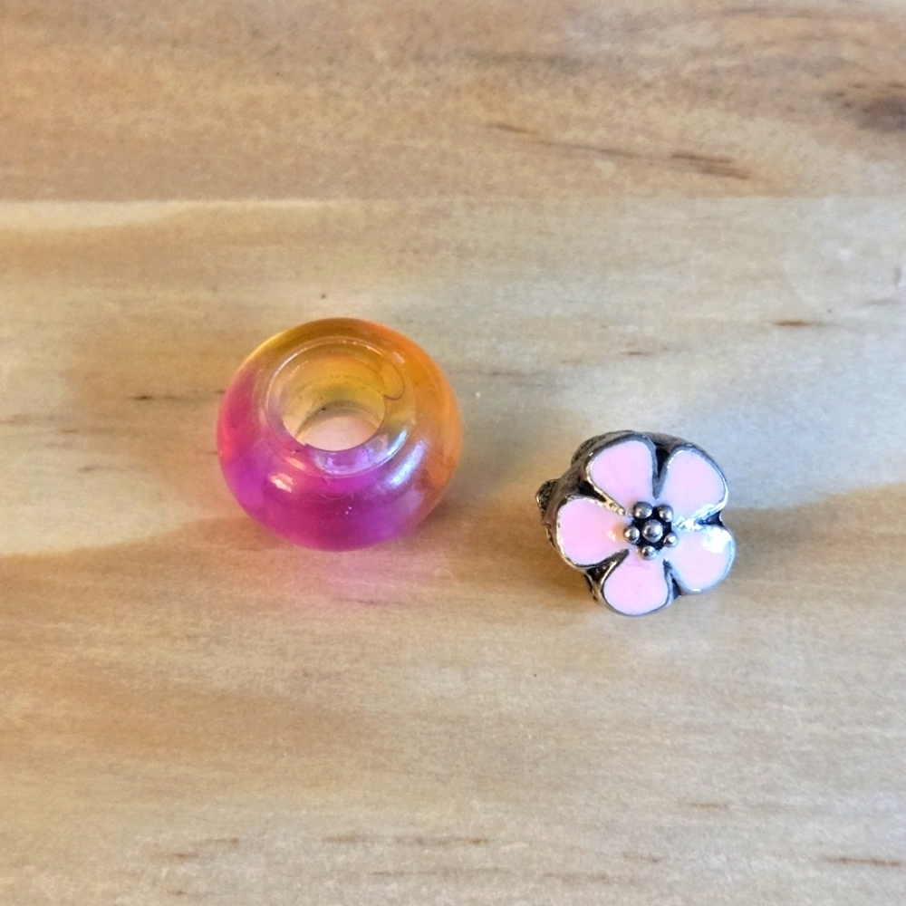 Charm Bracelet Beads Silvertone Pink Enamel Spacer Orange Tie-Dye Glass
